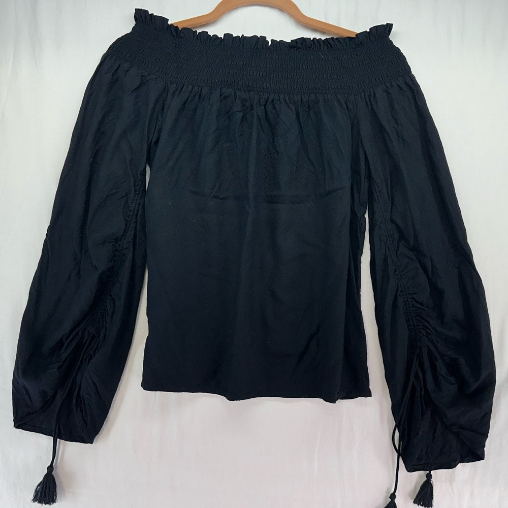 Paige Womens Off The Shoulder Shirt‎ Black Tassle Boho Flowy Size XS